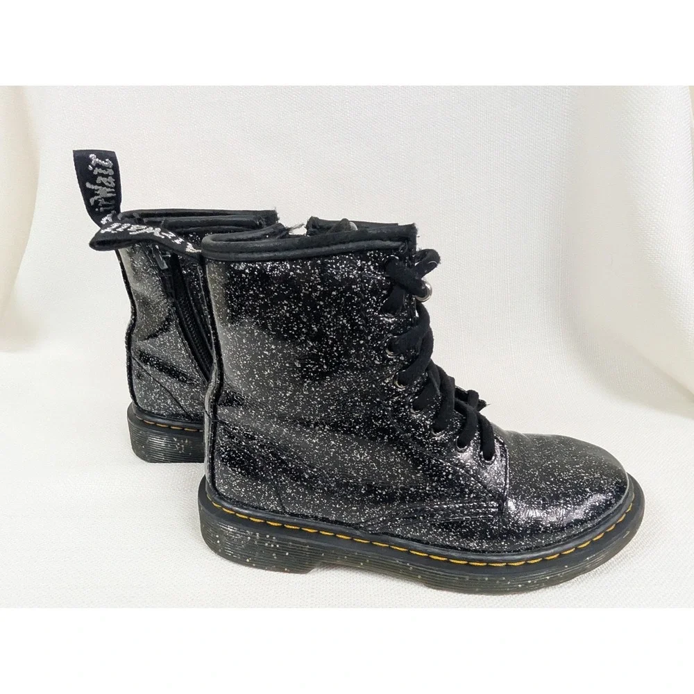 Dr Martens Kids Black‎ Glitter Lace Up Boots Sz US 1 Side Zip Combat 1460 J